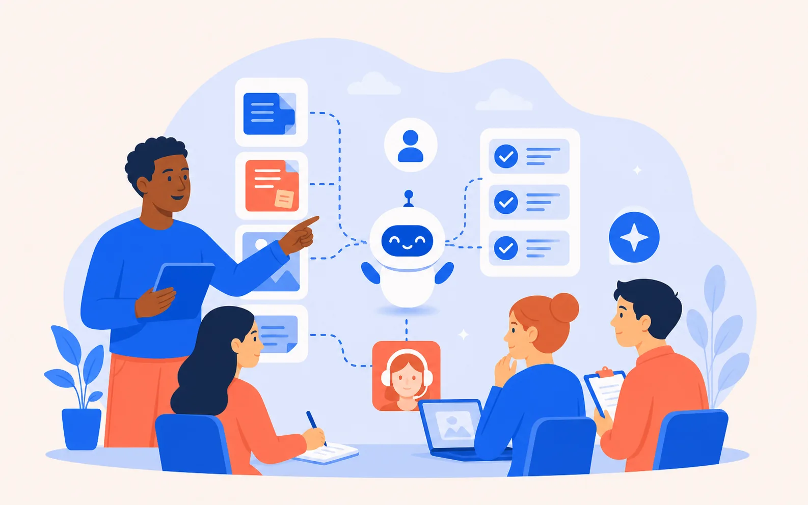 Illustrated human-reviewed AI team workflow