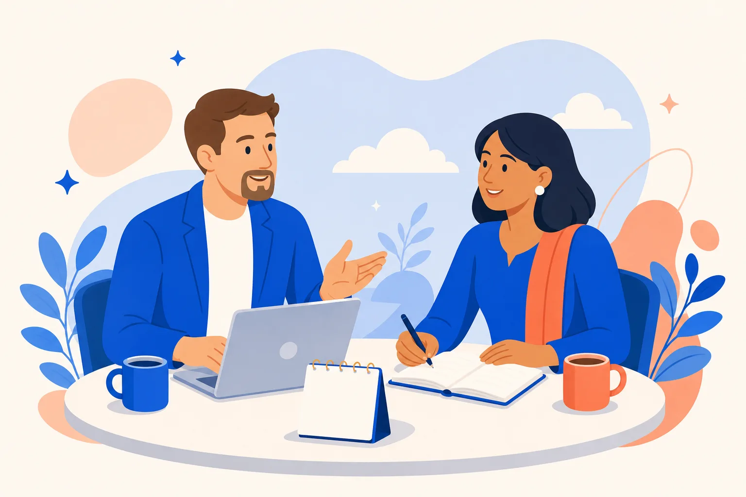 Illustrated small-business planning conversation