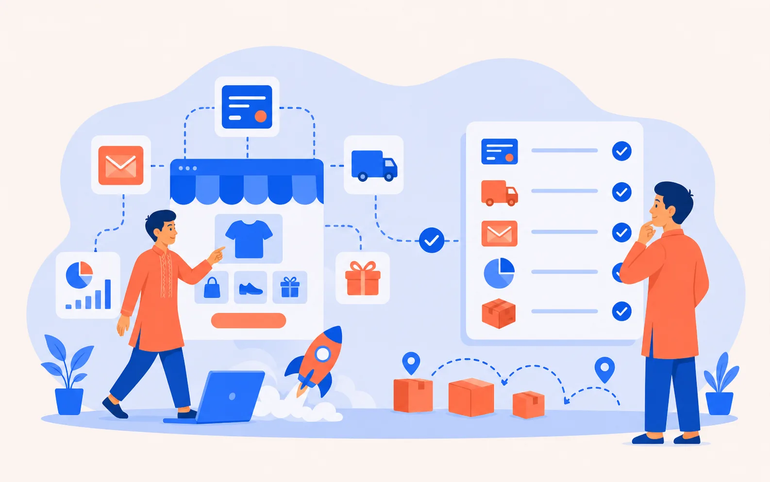 Illustrated connected e-commerce launch