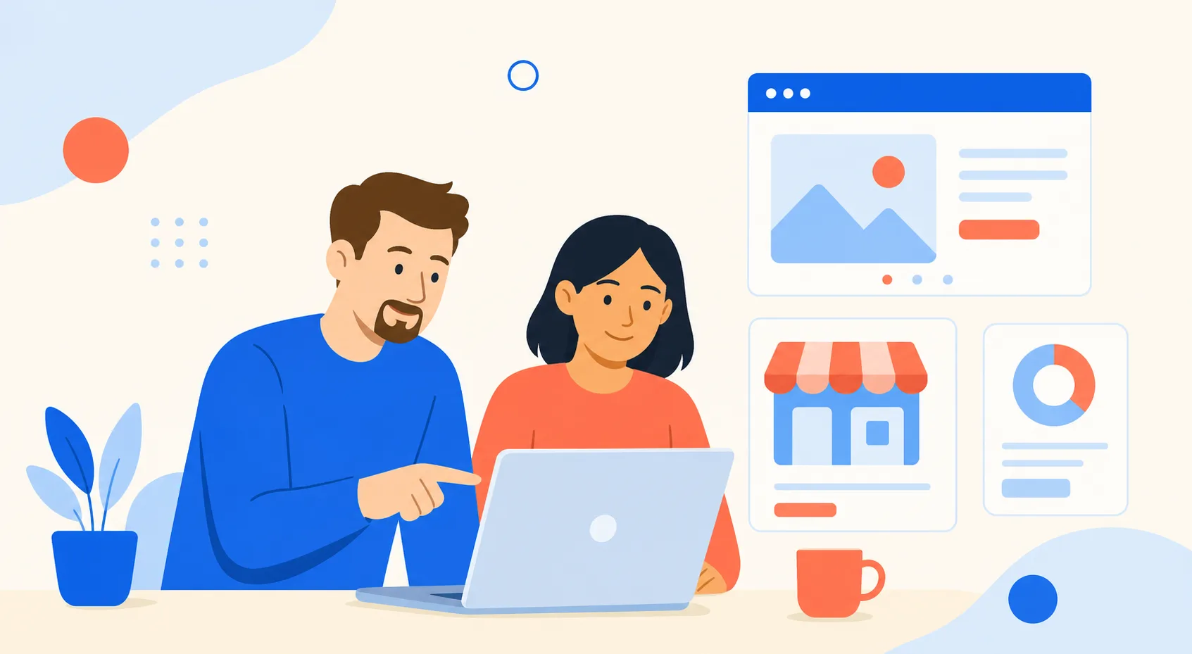 Illustrated small business storefront and digital systems