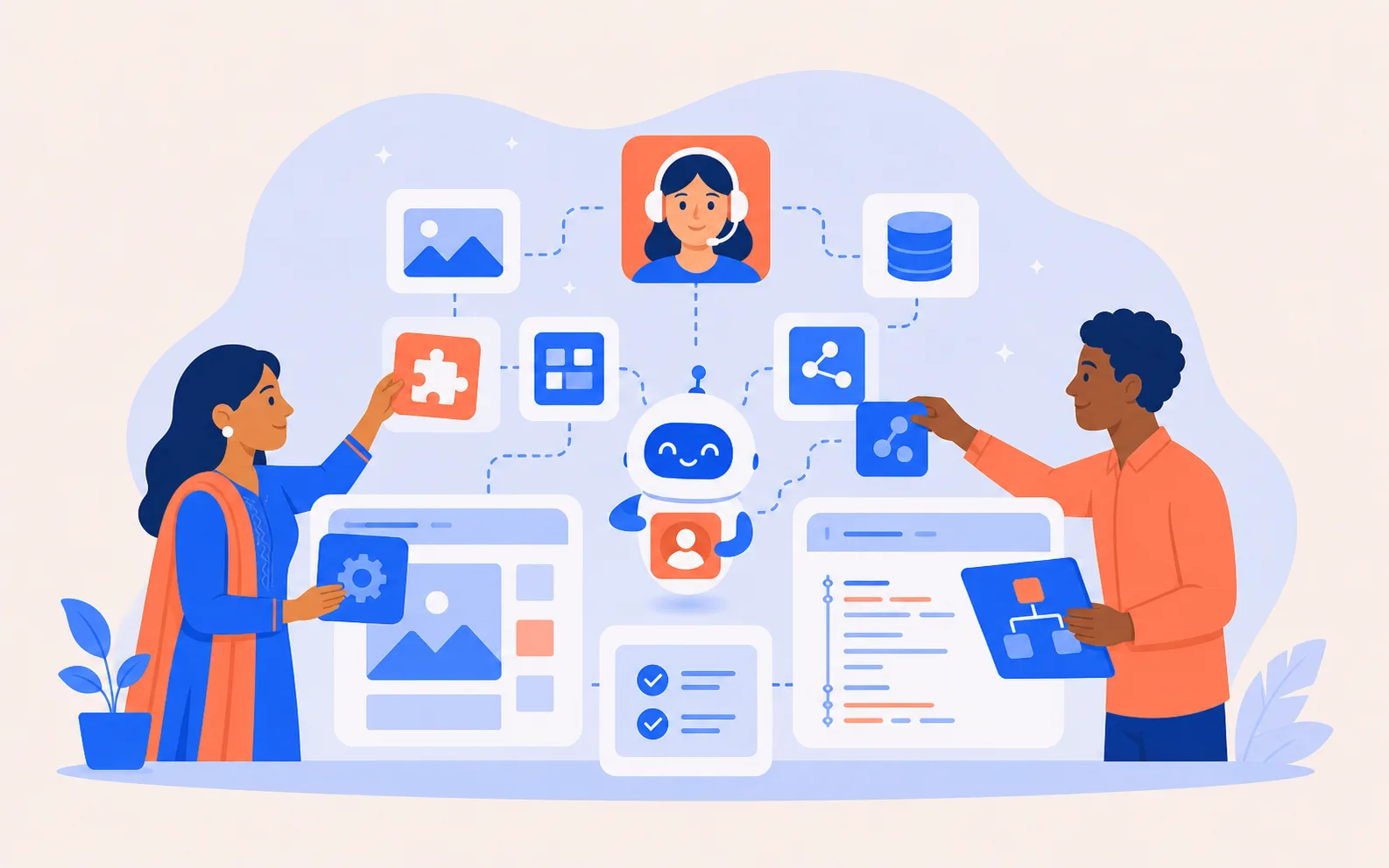Illustrated custom development and AI services